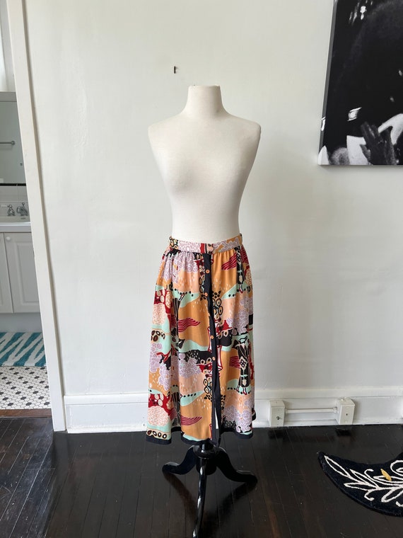 Vintage Art Deco Print Midi Skirt 1970’s Pastel X… - image 2