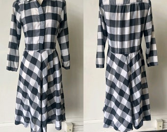 Vintage Buffalo Plaid Fit and Flare Midi Dress 1980’s Black and White Plaid Dress 80’s Plaid Midi Dress with Pockets