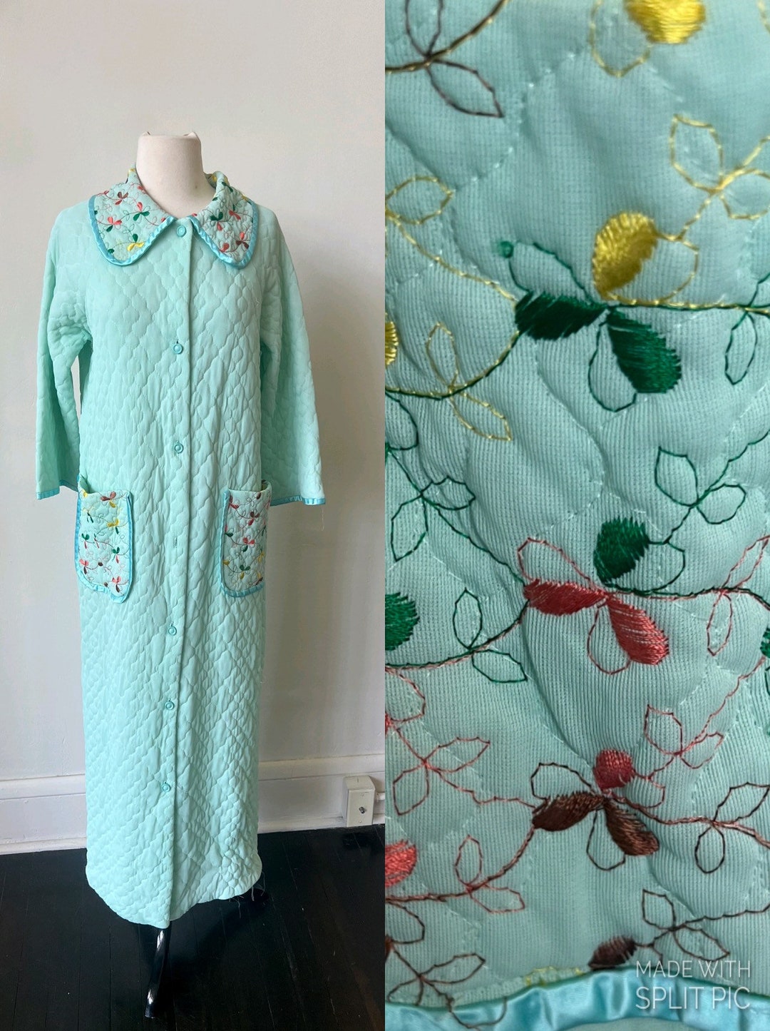 Vintage Embroidered Quilted Robe 1970’s Floral Embroidery Seafoam Green ...