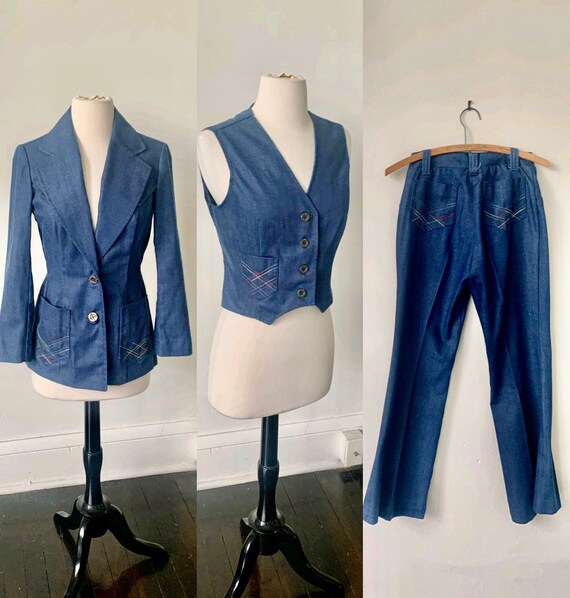 Vintage Rainbow Embroidered Denim 3 Piece Suit 197