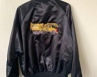 Vintage Vac-Con Trucker Commercial Truck Satin Bomber Jacket 1980's 80's Black Satin Bomber Jacket