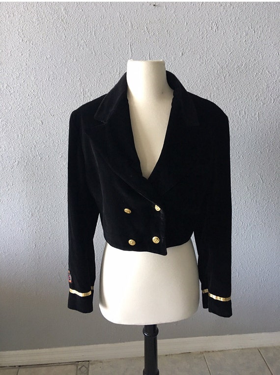 1980's Velvet Cropped Military Blazer Vintage Blac