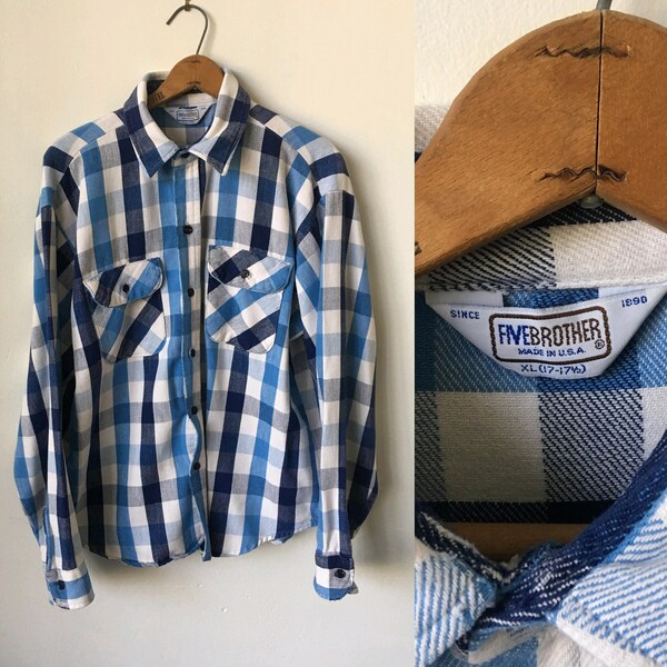Vintage Five Brother Thick Flannel Shirt 1970's 70's Buffalo Plaid Blue Flannel Shirt