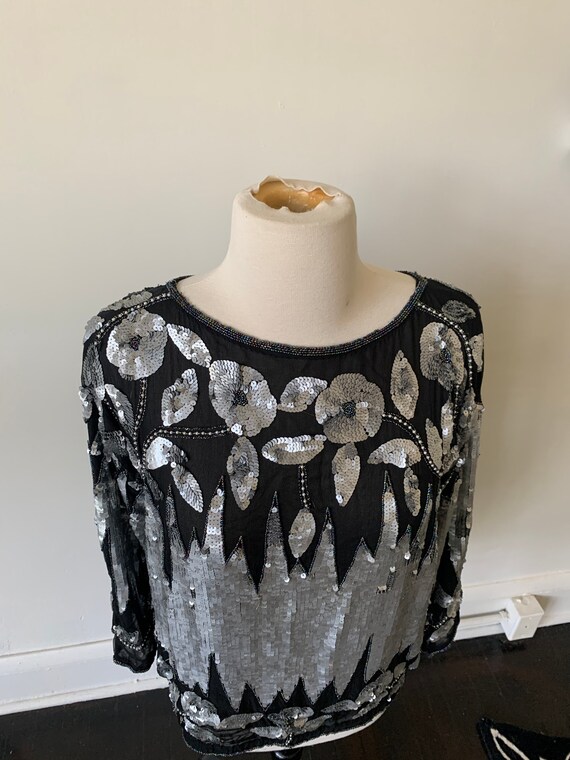 Vintage Black and Silver Sequin Blouse 1980’s Gla… - image 3