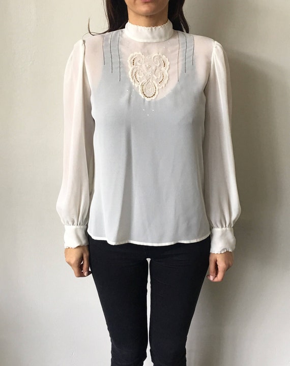 Vintage Floral Embroidered Mock Turtleneck Semi Sheer 1980's 80's Long Sleeve Victorian Edwardian White Blouse