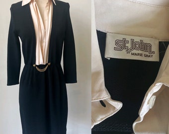 Vintage St. John Black Knit Mini Dress 1980’s Blouson Fit and Flare Mini Dress 80’s Glam Black Mini Dress