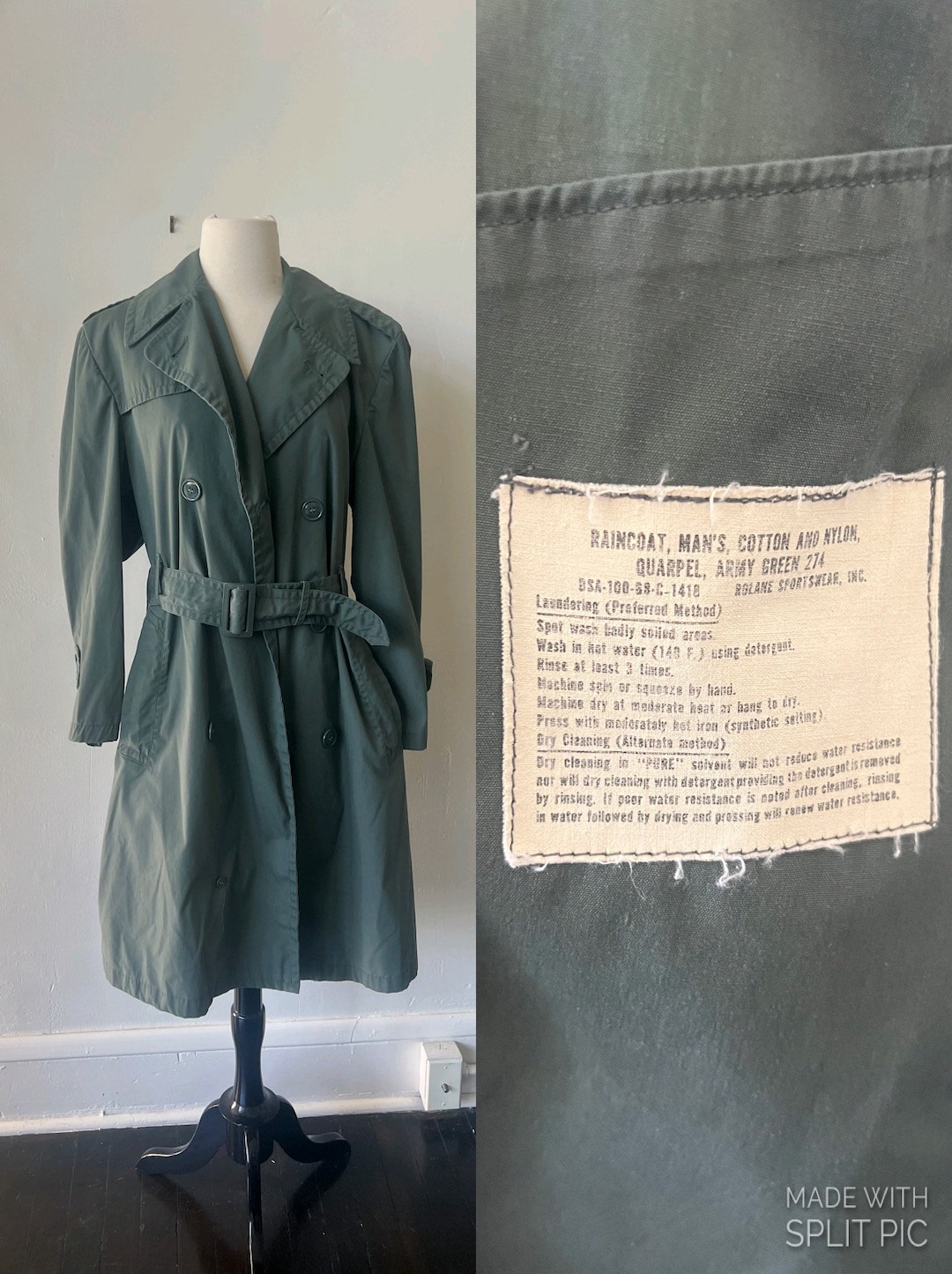 Vintage Army Trench Coat 1990s Vintage Military Raincoat 90s Army Green