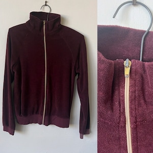 Vintage Velour Burgundy and Tan Track Jacket 1980’s Maroon Bomber Jacket 80’s Velour Sweatshirt