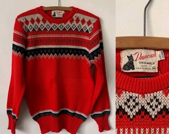 Vintage Fair Isle Wool Sweater 1940’s Red Wool Sweater Vintage Ugly Christmas Sweater Vintage Ugly Xmas Jumper