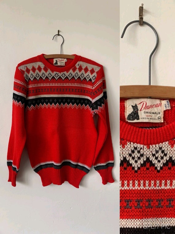 Vintage Fair Isle Wool Sweater 1940’s Red Wool Sw… - image 1