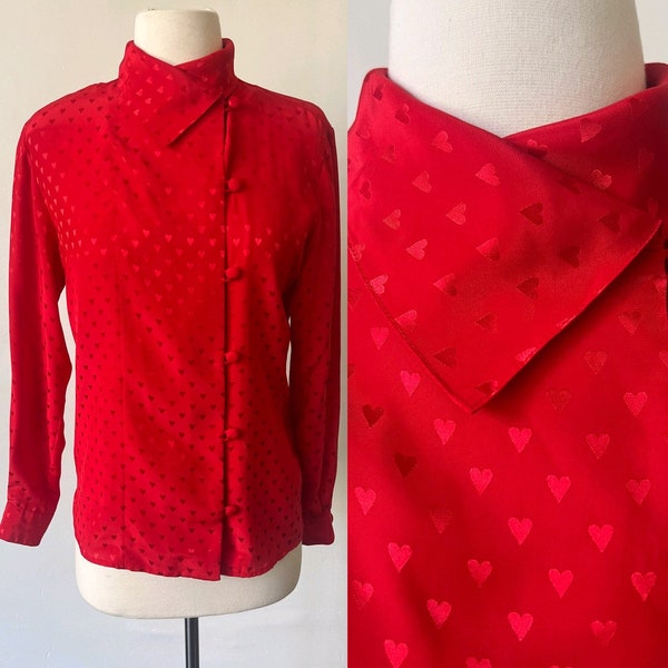 Vintage Heart Print Red Satin Blouse 1980’s Secretary Mockneck Top 80’s Evan-Picone Hearts Graphic Shirt