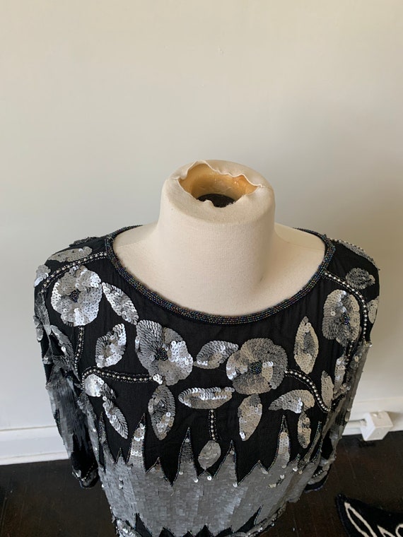 Vintage Black and Silver Sequin Blouse 1980’s Gla… - image 4