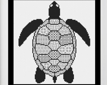 May include: Black and white cross-stitch pattern of a turtle with a geometric patterned shell.