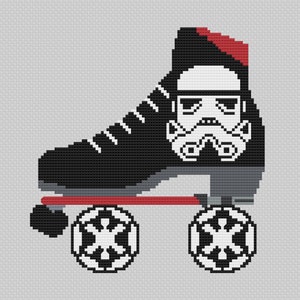 May include: Black and white roller skate with a red and black boot. The boot has a Stormtrooper helmet design on the side. The wheels have a black and white Star Wars logo.