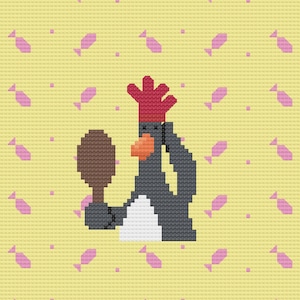 Puede incluir: Un pingüino de dibujos animados con un gorro de chef rojo sostiene una espátula marrón y mira su reflejo en un espejo. El fondo es amarillo con un patrón de caramelos rosas.