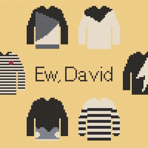 May include: Six different long-sleeved shirts with various patterns and designs. The shirts are black, white, and grey with a red heart, a lightning bolt, and stripes. The text "Ew, David" is written in the centre of the image.