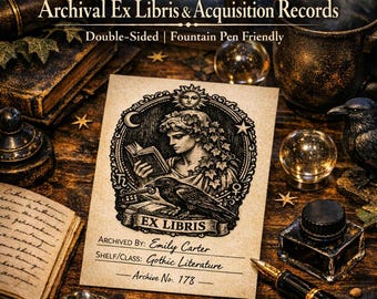 The Archivist Ex Libris Kit: 4.25x5.5 Archival Bookplates| Dark Academia Library System| Double-Sided Reading Log|Collectible Set of 10-50