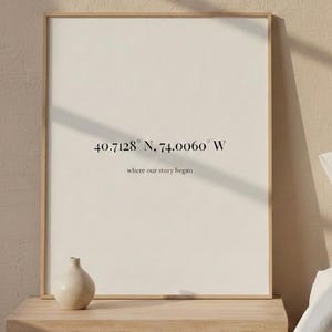 May include: A framed print with the coordinates 40.7128° N, 74.0060° W and the text "where our story began". The print is displayed on a wooden bedside table with a small vase.