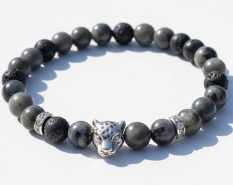 Men’s Beaded Bracelet, Silver Leopard Head Bracelet, Lava Stone Bracelet, Grey Jasper Beads, Masculine Stretch Bracelet, Boyfriend Gift