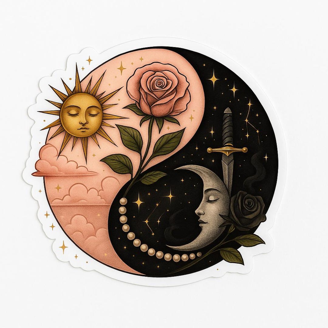 Celestial Yin Yang Sticker, Sun and Moon Aesthetic Sticker With Rose ...