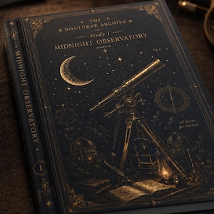 Puede incluir: Un libro de tapa dura negro titulado The Nocturne Archive Study I Midnight Observatory. La portada presenta ilustraciones doradas de una luna creciente, un telescopio sobre un trípode, mapas estelares y un libro abierto con una pluma.