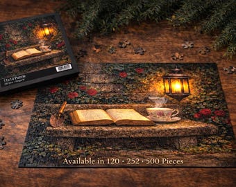 Dark Academia Puzzle | Secret Garden at Dusk Jigsaw | Cozy Book & Lantern Scene | 120, 252 or 500 Piece Romantic Gothic Gift| Puzzle Lover
