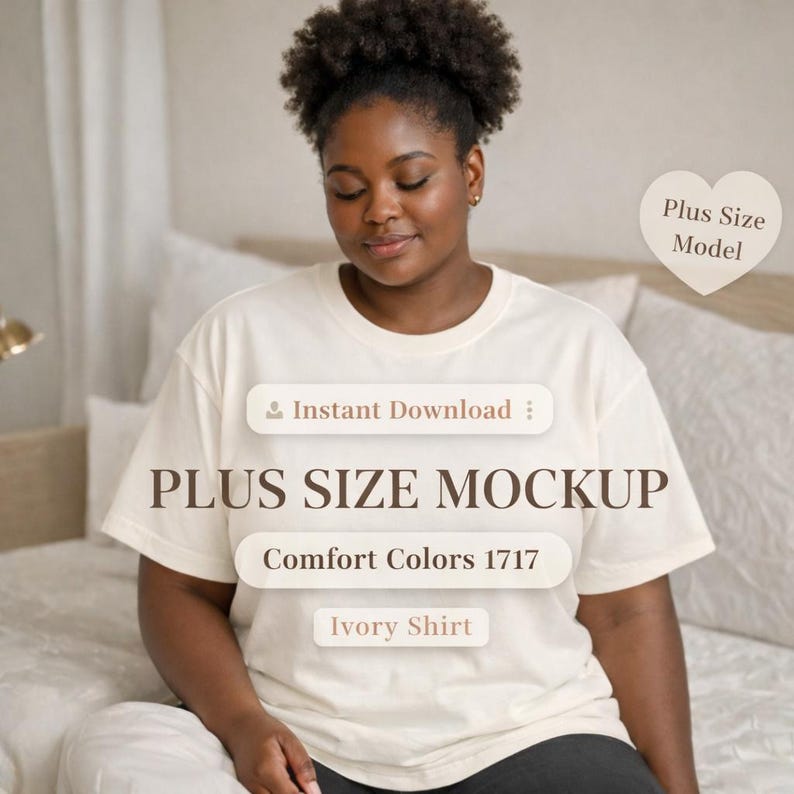 Plus size t shirt mockup Comfort Colors 1717 ivory shirt mockup Black woman model Etsy mockup instant download neutral aesthetic mockup. African American curvy model shown in photo.