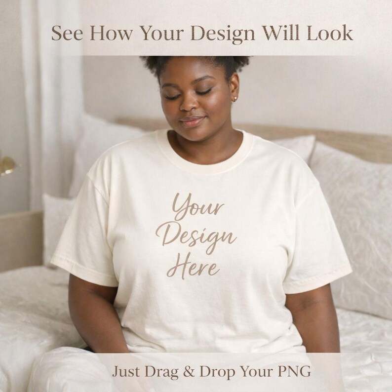 t shirt mockup with design preview Comfort Colors 1717 ivory shirt mockup plus size model mockup drag and drop PNG Canva mockup example