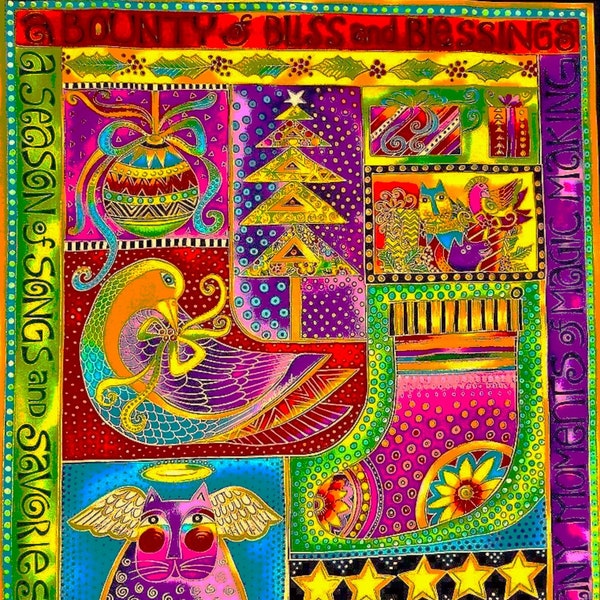 BOUNTIFUL BLESSINGS Fabric Panel Christmas Stockings Dove Laurel Burch Cats Metallic Gold  Wallhanging 100% Cotton Quilt Shop Quality 21x23
