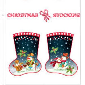 May include: Four Christmas stocking designs featuring a winter scene with a snowman, a bear, and a bird. The stockings are blue with white snowflakes and red and white stripes.