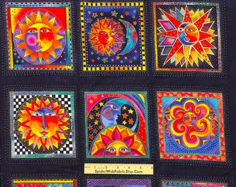 CELESTIAL DREAMS PANEL Fabric Laurel Burch Sun Moon Stars Night Sky Gold Metallic 100% Cotton Quilt Shop Quality ~ Panel Size 9 Sqs. 20"x22"