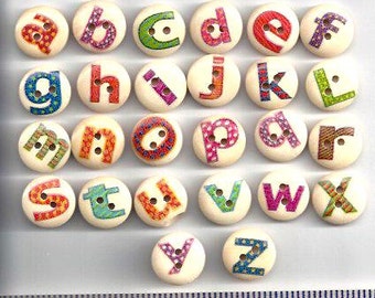 Wooden Round ALPHABET BUTTONS LETTERS on Wood Button backgrd is White/Cream 2 Hole Flat (no shank) - Sew Through Painted Price is Per Button