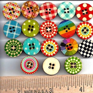 May include: Assortment of 15 colorful wooden buttons with various patterns, including polka dots, checkered, and geometric designs. The buttons are approximately 1 inch in diameter.
