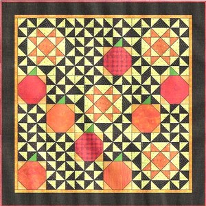 Puede incluir: Una colcha con un patrón geométrico en blanco y negro con calabazas naranjas y rojas. La colcha está enmarcada con un borde negro.