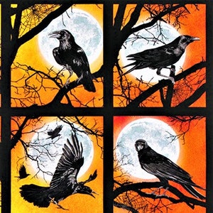 May include: Four black crows perched on branches against a backdrop of orange and black, with a full moon in the background. The crows are silhouetted against the moon.