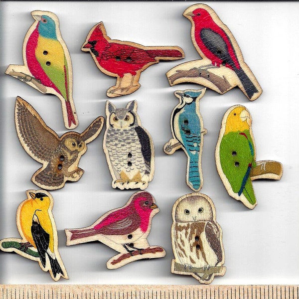 WOODEN Assorted BIRD BUTTONS - 2 Hole - Sew Through - Painted - Get a full set or choose individual birds!