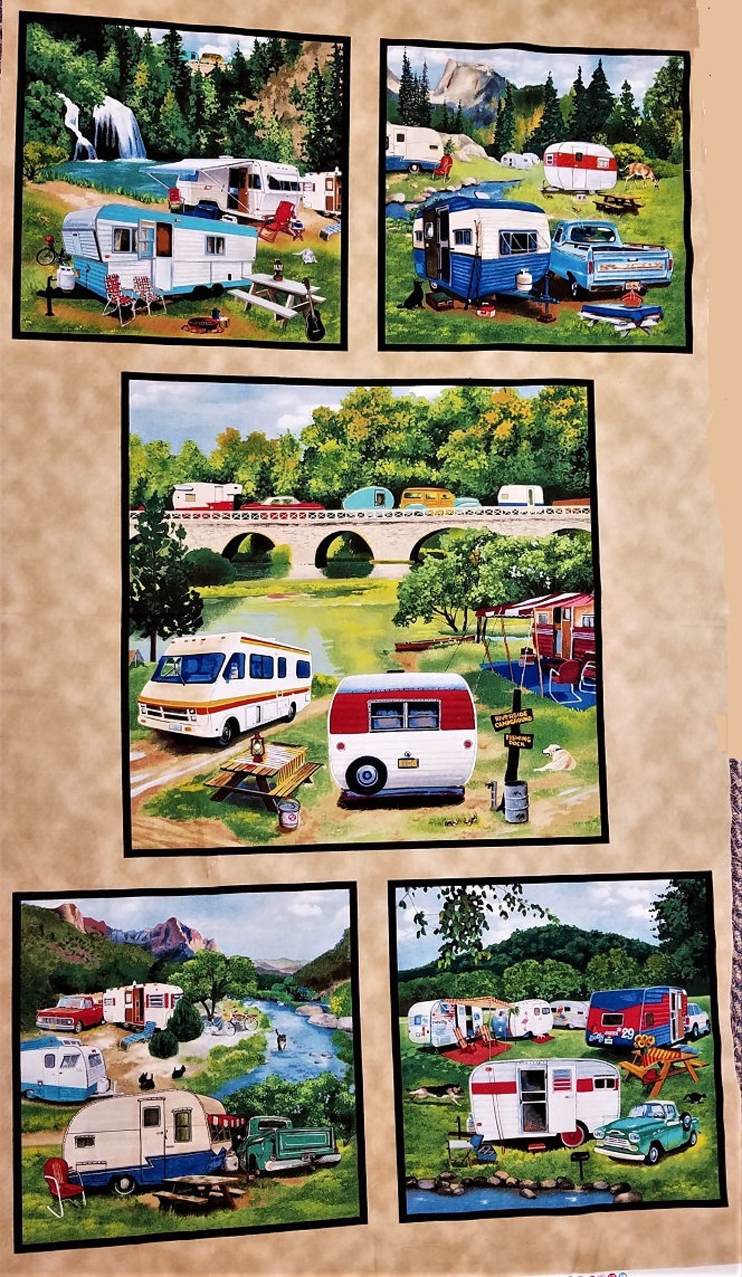 No. 136 CAMPERS PANEL Fabric 5 Squares Let's Go Camping Novelty Scenic