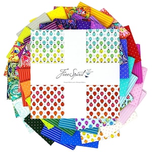 May include: A collection of 42 colorful fabric squares with various patterns, including polka dots, stripes, and floral designs. The squares are arranged in a circle around a white card with the text "Free Spirit" printed on it.