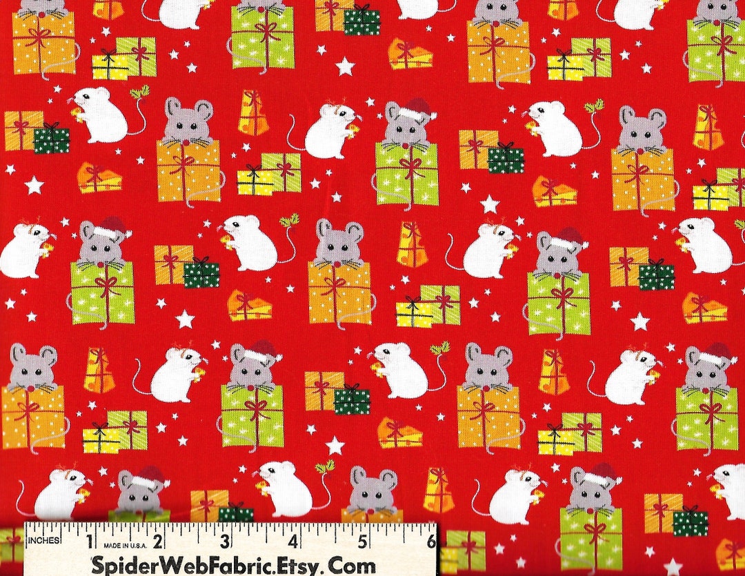 CHRISTMAS MICE Fabric Mice Presents Gifts Stars on Red Etsy