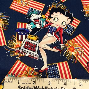 Vintage BETTY BOOP 4th of July Fabric Rare! w/  Cartoon Dog BIMBO U S Flag American Fireworks 100% Cotton Quilt Shop Quality  F Q  18" x 22"