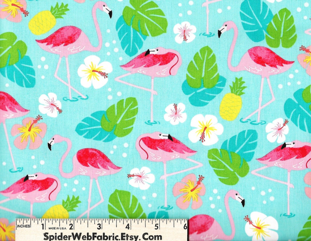 FLAMINGO PARADISE Fabric Pink Birds Pineapples Flowers Floral - Etsy