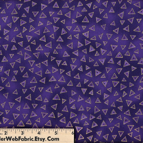 Laurel Burch BASICS PURPLE TRIANGLES Fabrics -  Multi-Shaded Purples with Gold Metallic  Blender 100% Cotton - Quilt Shop Quality Fabric