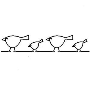 May include: A minimalist black and white illustration of four stylized birds perched on a horizontal line. The birds vary in size, with two larger birds flanking two smaller ones. The design is simple and graphic.