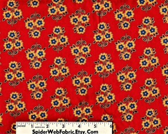 V10 - BLACK EYED SUSAN Flowers on Red - ** Vintage Fabric from 1960s  **  Pristine Condition Floral Novelty - 100% Cotton Quilt Shop Quality