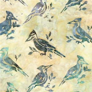 NATURAL BIRDS BATIK Fabric - Woodpeckers - Blue Jays - by Robert Kaufman - Wildlife Sanctuary - Novelty -  100% Cotton ~ Quilt Shop Quality