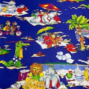 May include: A vibrant blue fabric featuring a whimsical beach scene with cartoon animals. The design includes a lion, rhino, alligator, and other animals enjoying the beach. The fabric has a playful and colorful design, perfect for a summer-themed project.