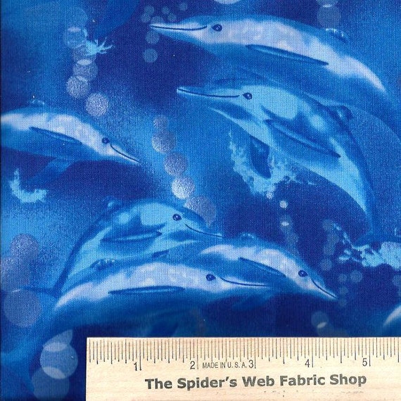 DOLPHINS PORPOISE Fish Swimming in the Deep Blue Ocean Sea Under Water 100% Cotton Quilt Shop Quality Fabric  Extra Wide Measures 18"x 56"