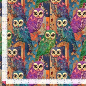 May include: A vibrant fabric pattern featuring colorful owls in shades of purple, teal, and green. The owls have large, golden eyes and are set against a backdrop of stylized trees and foliage. The design incorporates vertical stripes of orange and blue.