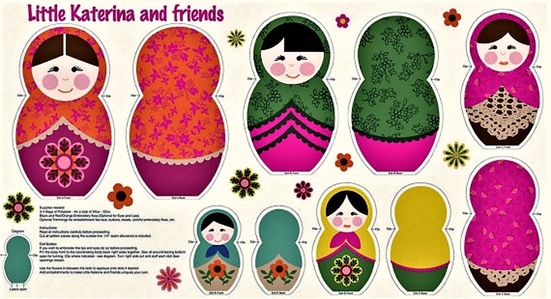 Little Katerina & Friends Fabric Panel -5 Dolls - Cut Stuff and Sew - Dollmaking - by Benartex - Russian Stacking Dolls - 100% Cotton