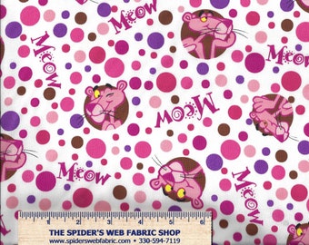 PINK PANTHER HEADS Fabric Solid White w/ Circles & Words Meow Dots Spots Cats Cartoon Movie 100% Cotton Quilt Shop Quality  18" x 44" 1/2 Yd